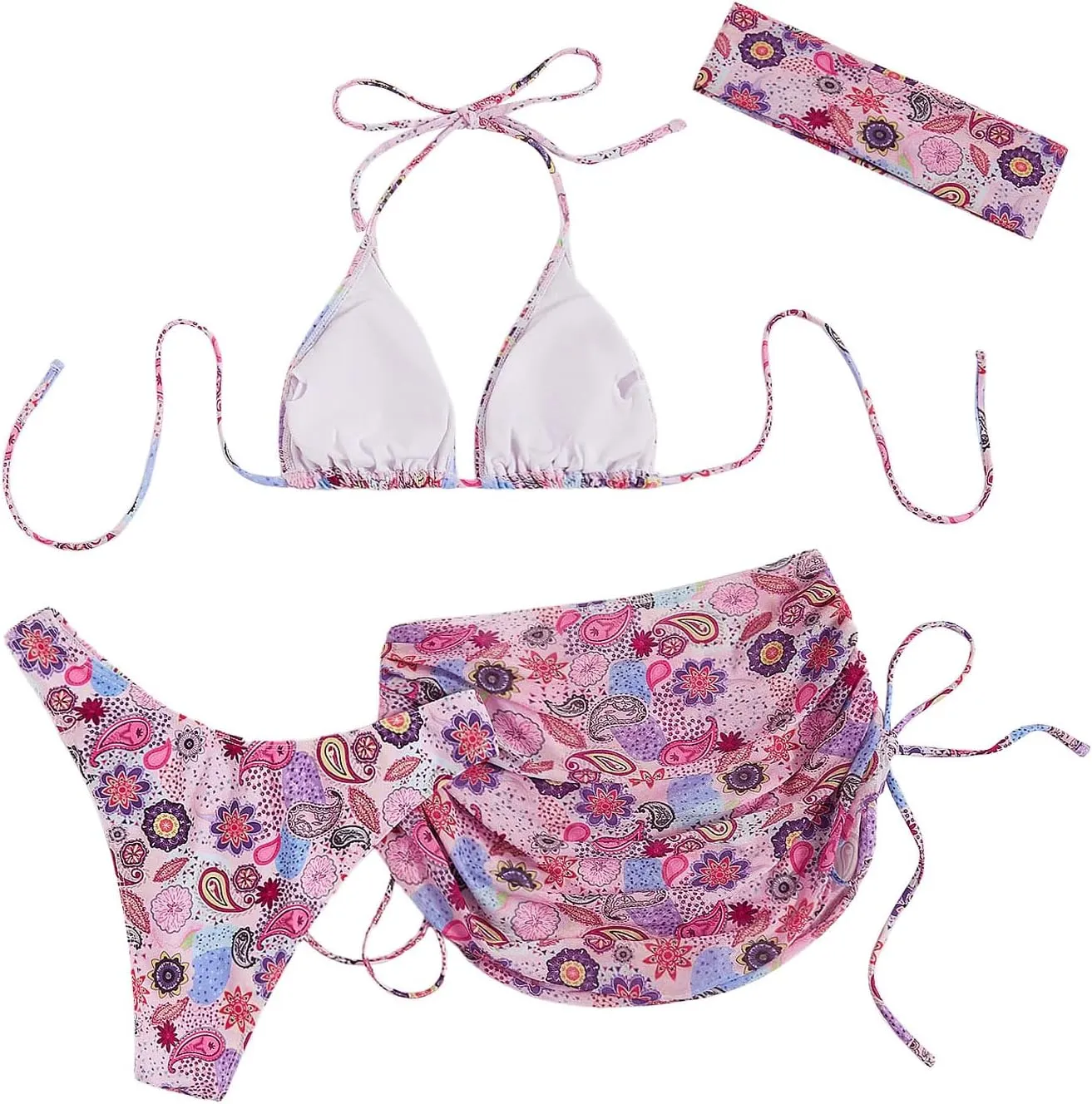 COZYEASE Women's 4 Piece Swimsuits Sexy Bikini Sets Triangle Bathing Suit with Mesh Cover Up Beach Skirt & Bandana