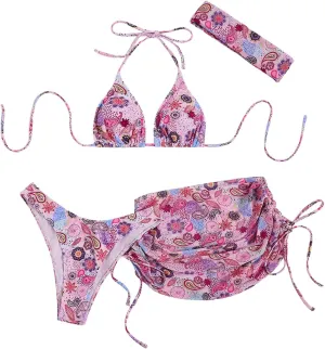 COZYEASE Women's 4 Piece Swimsuits Sexy Bikini Sets Triangle Bathing Suit with Mesh Cover Up Beach Skirt & Bandana