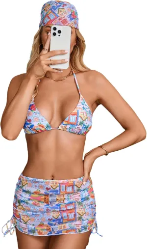 COZYEASE Women's 4 Piece Swimsuits Sexy Bikini Sets Triangle Bathing Suit with Mesh Cover Up Beach Skirt & Bandana