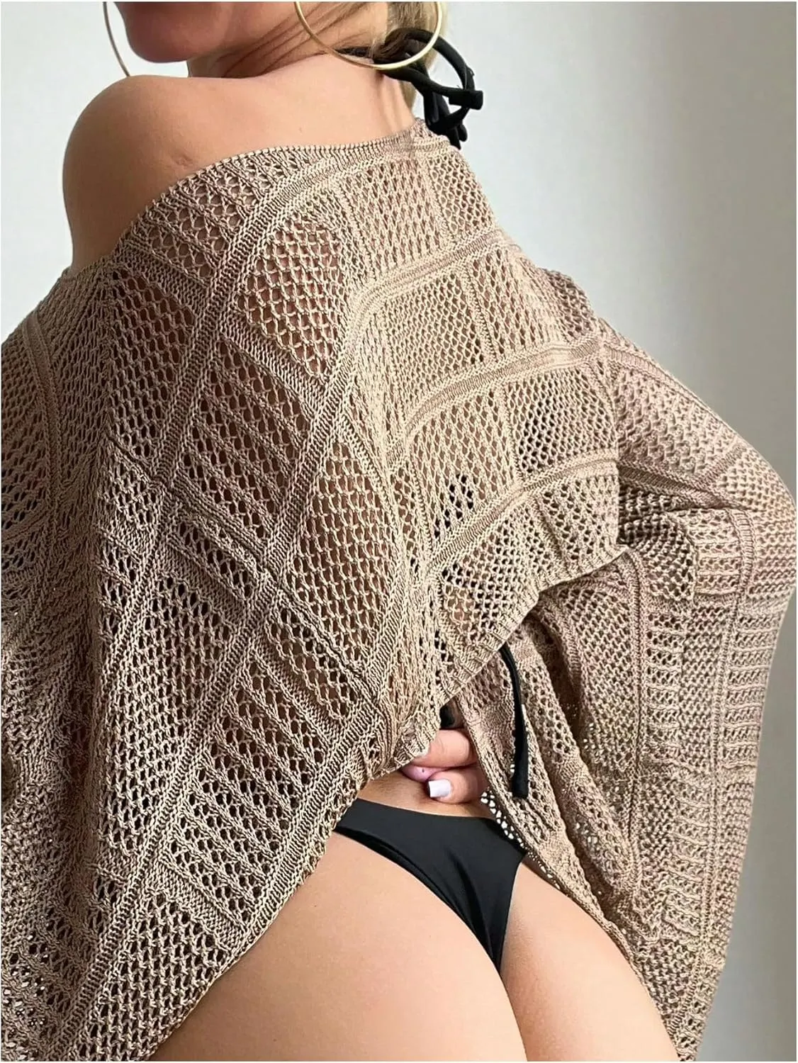 COZYEASE Women's Hollow Out Crop Bikini Cover Up Boat Neck Long Sleeve Crochet Sheer Swimsuit Cover Up