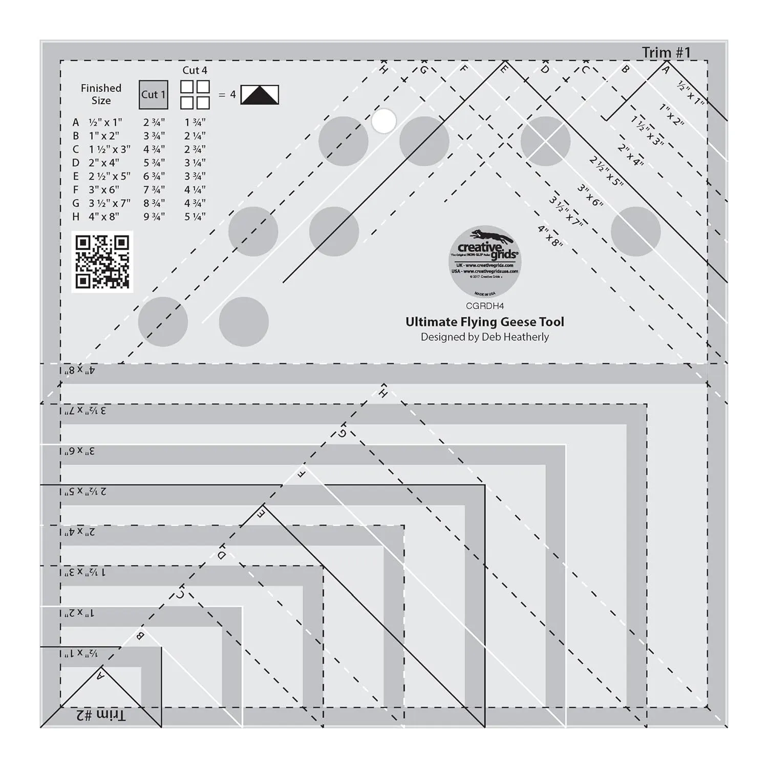 Creative Grids Ultimate Flying Geese Tool Quilt Ruler – CGRDH4 – Made in USA, 8-1/2in x 8-1/2in, Non-Slip Grip Acrylic Quilting, Sewing, Crafting, Patchwork Ruler & Template