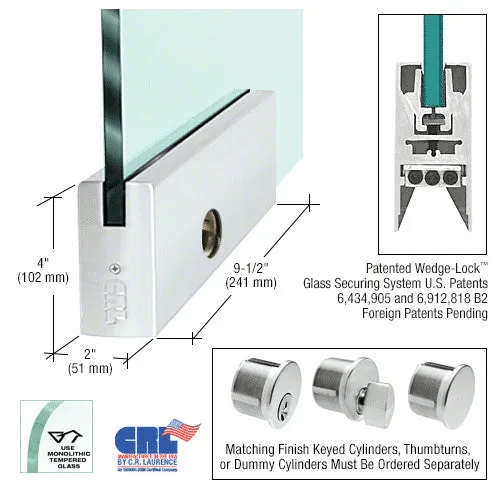 CRL Glass 4" Square Door Rail With Lock - 9-1/2" Patch