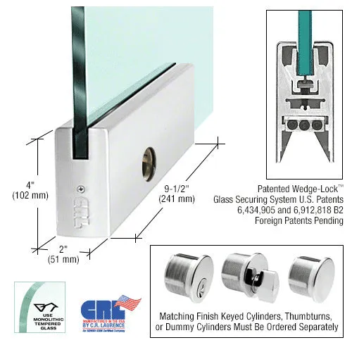CRL Glass 4" Square Door Rail With Lock - 9-1/2" Patch