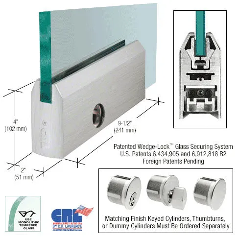 CRL Glass 4" Tapered Door Rail With Lock - 9-1/2" Patch