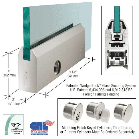 CRL Glass 4" Tapered Door Rail With Lock - 9-1/2" Patch