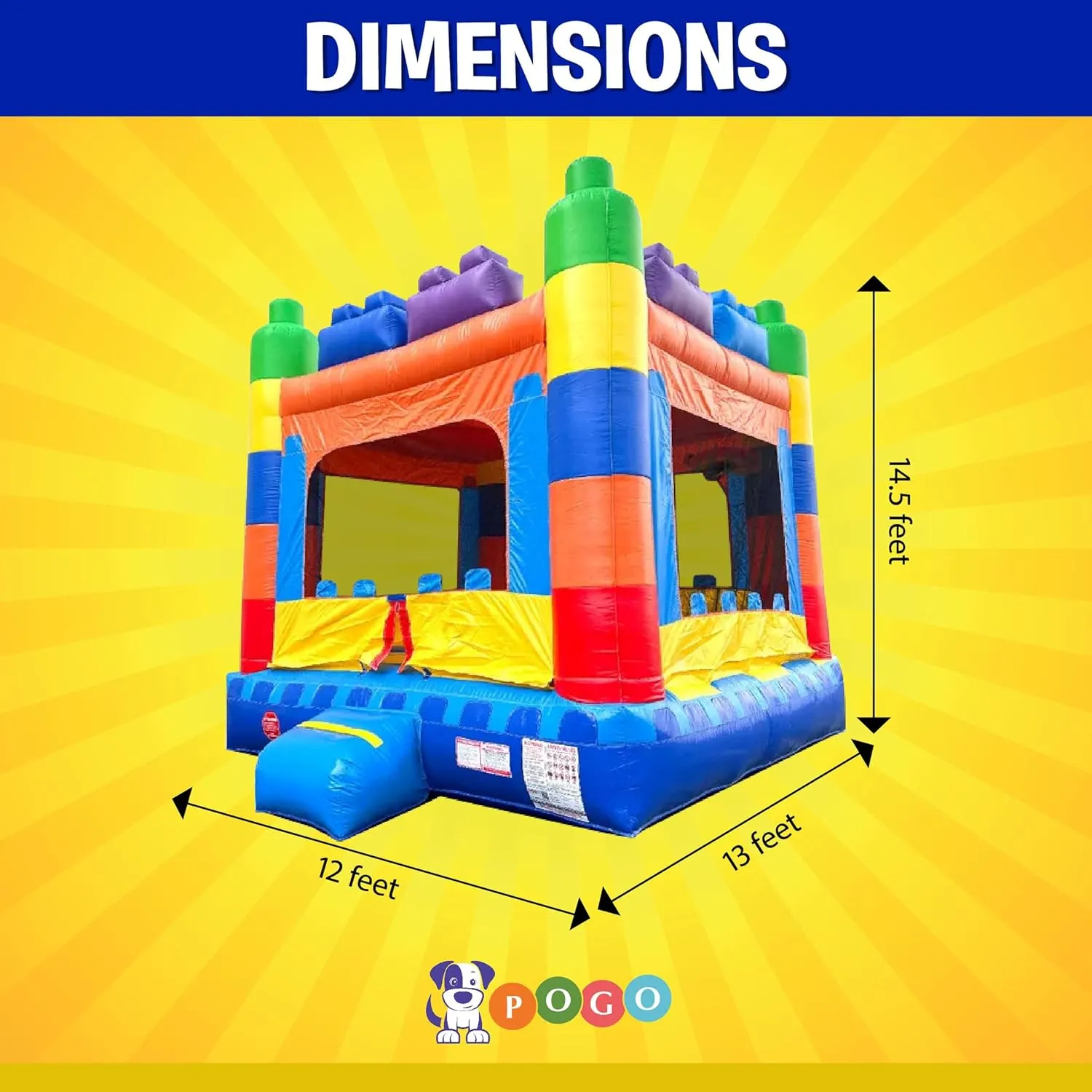Crossover Inflatable Bounce House, Rainbow Building Blocks, 13 x 12 x 14.5 Foot, Outdoor Playhouse for Kids Outdoor Commercial Bouncer Castle with Basketball Hoop, Blower, Stakes, & Storage Bag