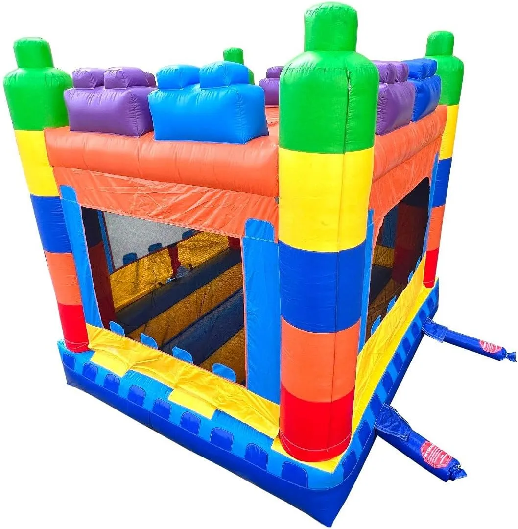 Crossover Inflatable Bounce House, Rainbow Building Blocks, 13 x 12 x 14.5 Foot, Outdoor Playhouse for Kids Outdoor Commercial Bouncer Castle with Basketball Hoop, Blower, Stakes, & Storage Bag