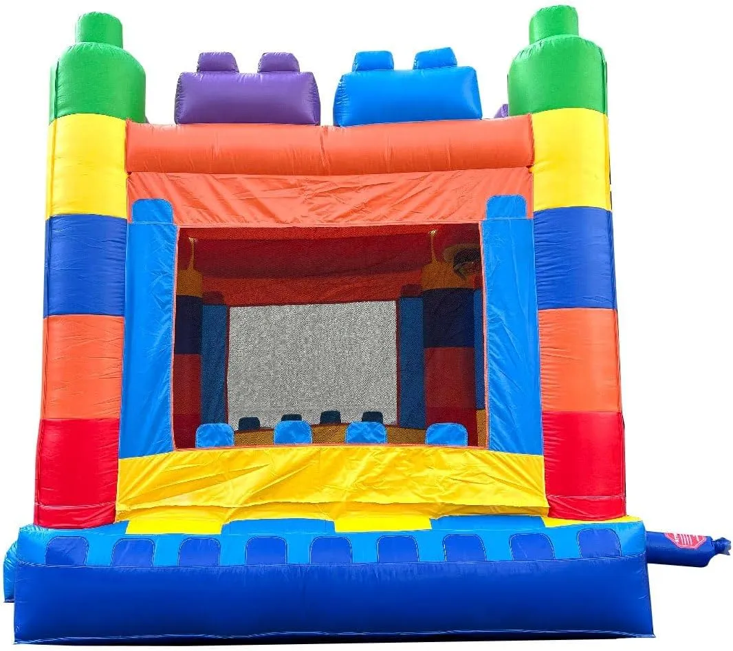 Crossover Inflatable Bounce House, Rainbow Building Blocks, 13 x 12 x 14.5 Foot, Outdoor Playhouse for Kids Outdoor Commercial Bouncer Castle with Basketball Hoop, Blower, Stakes, & Storage Bag