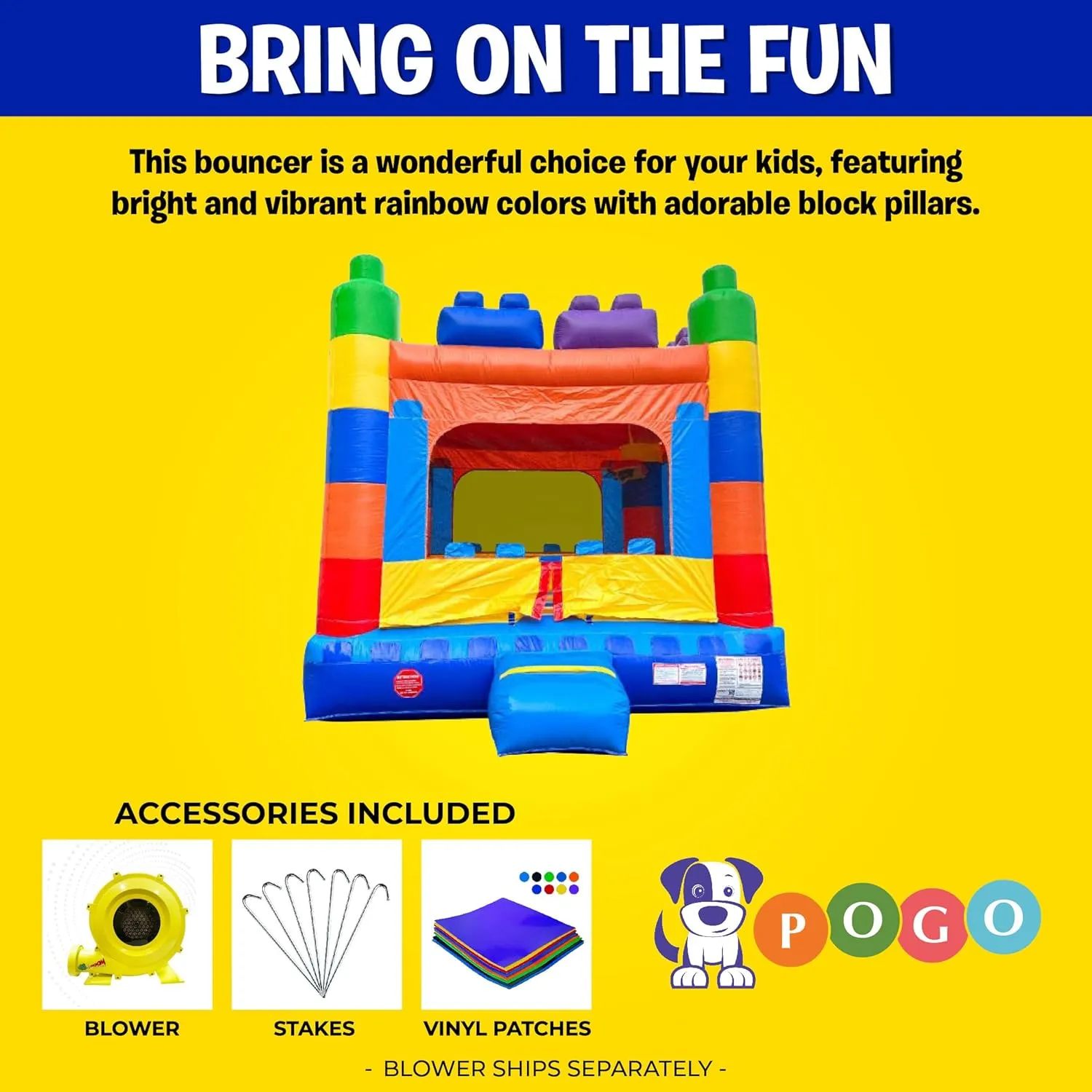 Crossover Inflatable Bounce House, Rainbow Building Blocks, 13 x 12 x 14.5 Foot, Outdoor Playhouse for Kids Outdoor Commercial Bouncer Castle with Basketball Hoop, Blower, Stakes, & Storage Bag
