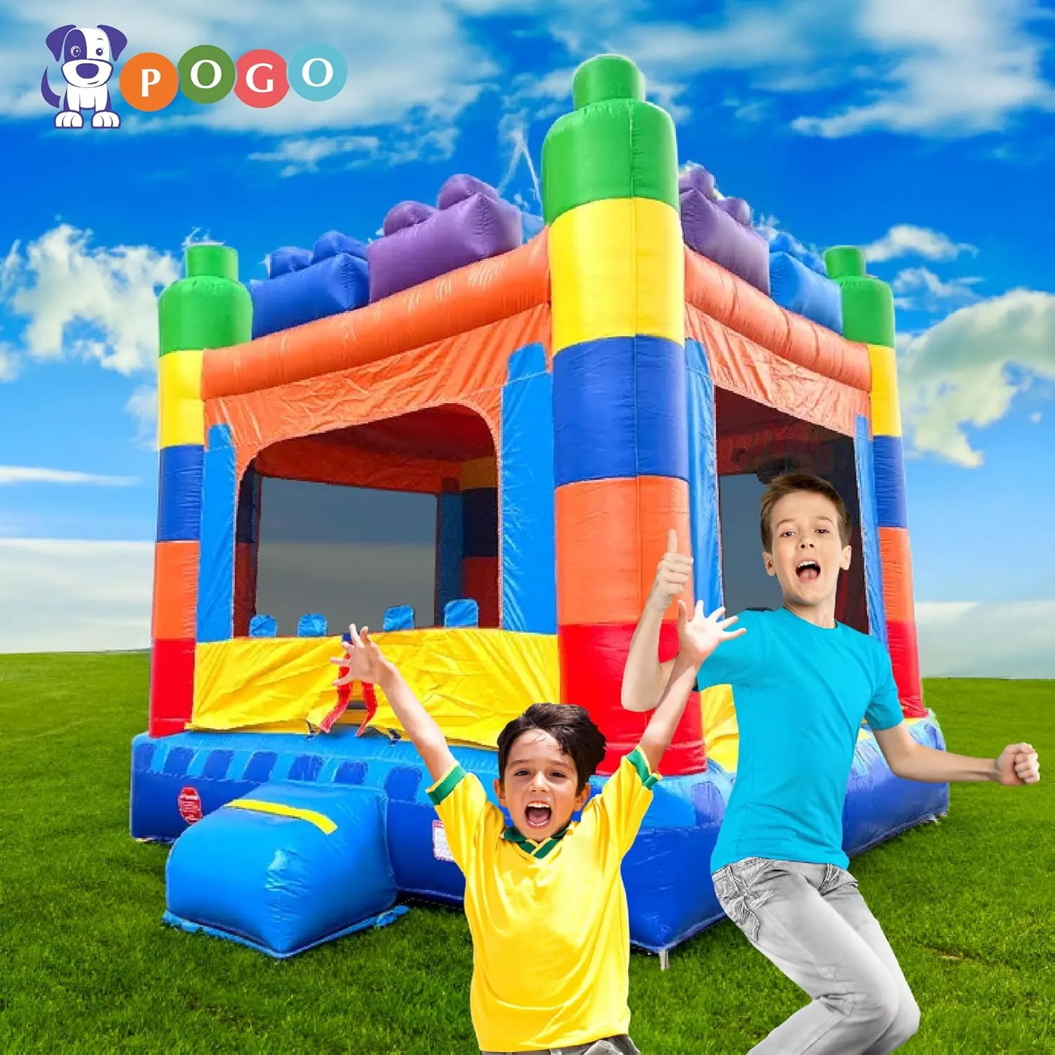 Crossover Inflatable Bounce House, Rainbow Building Blocks, 13 x 12 x 14.5 Foot, Outdoor Playhouse for Kids Outdoor Commercial Bouncer Castle with Basketball Hoop, Blower, Stakes, & Storage Bag