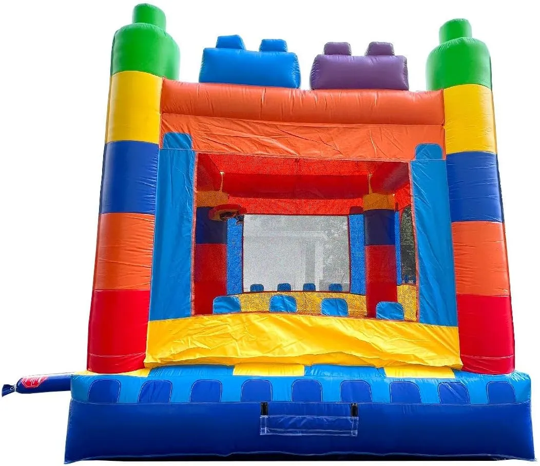 Crossover Inflatable Bounce House, Rainbow Building Blocks, 13 x 12 x 14.5 Foot, Outdoor Playhouse for Kids Outdoor Commercial Bouncer Castle with Basketball Hoop, Blower, Stakes, & Storage Bag