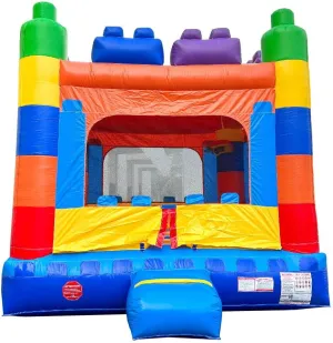 Crossover Inflatable Bounce House, Rainbow Building Blocks, 13 x 12 x 14.5 Foot, Outdoor Playhouse for Kids Outdoor Commercial Bouncer Castle with Basketball Hoop, Blower, Stakes, & Storage Bag