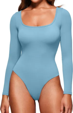 CRZ YOGA Butterluxe Square Neck Long Sleeve Bodysuit for Women Sexy Thong Layering Tops Soft Stretchy