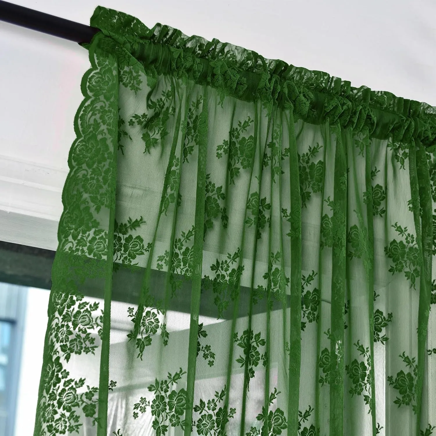 Dark Olive Green Sheer Curtains 84 Inches Long 2 Panels Set Country Rustic Floral Vintage Hunter Green Lace Curtains for Living Room, Rod Pocket Privacy Emberald Green Sheer Drapes, Each 52 x 84 Inch