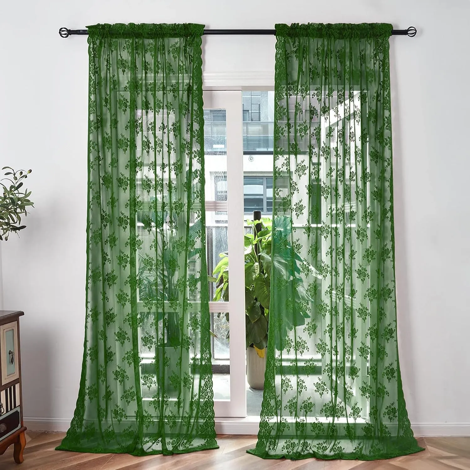Dark Olive Green Sheer Curtains 84 Inches Long 2 Panels Set Country Rustic Floral Vintage Hunter Green Lace Curtains for Living Room, Rod Pocket Privacy Emberald Green Sheer Drapes, Each 52 x 84 Inch