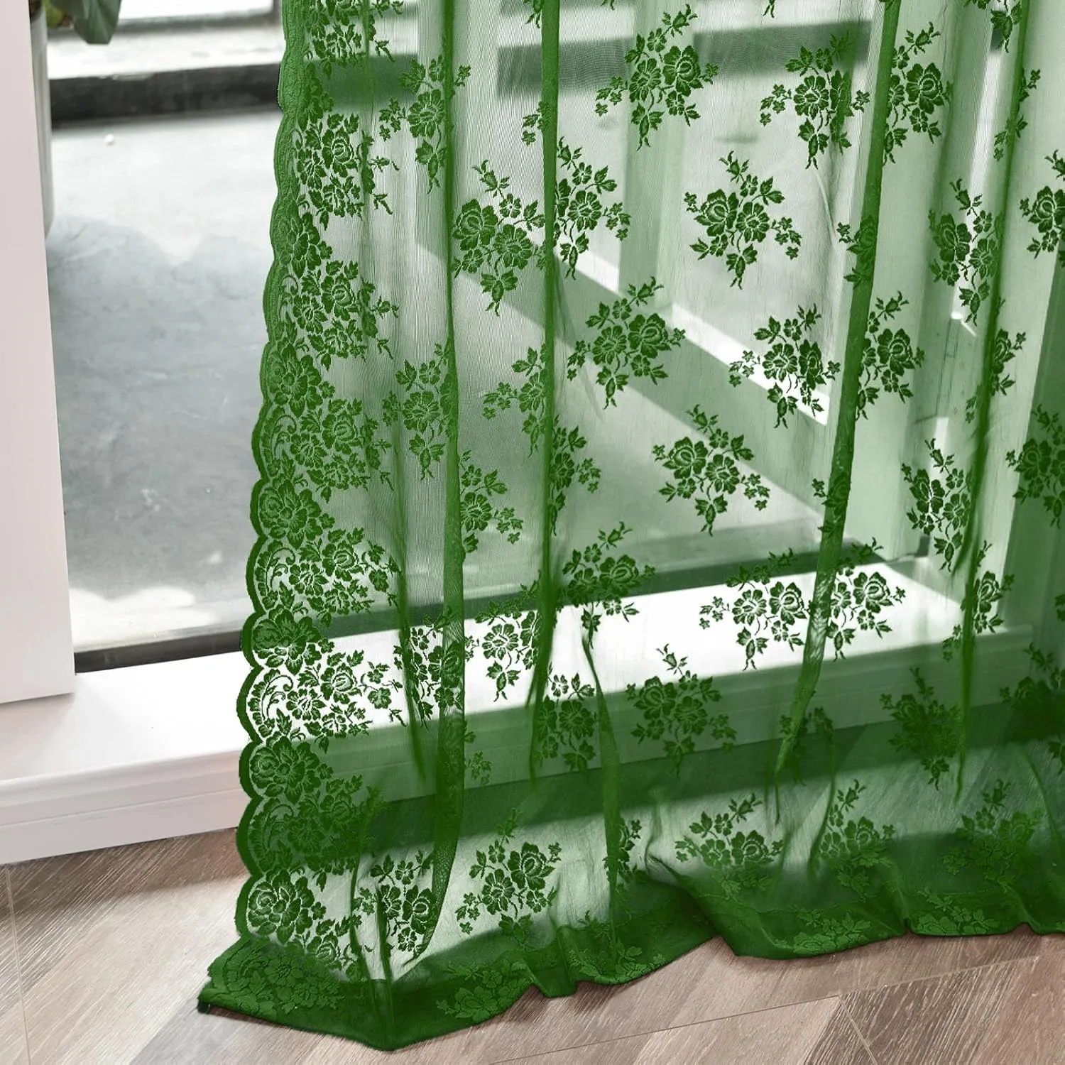 Dark Olive Green Sheer Curtains 84 Inches Long 2 Panels Set Country Rustic Floral Vintage Hunter Green Lace Curtains for Living Room, Rod Pocket Privacy Emberald Green Sheer Drapes, Each 52 x 84 Inch