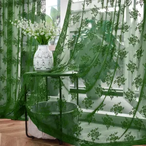 Dark Olive Green Sheer Curtains 84 Inches Long 2 Panels Set Country Rustic Floral Vintage Hunter Green Lace Curtains for Living Room, Rod Pocket Privacy Emberald Green Sheer Drapes, Each 52 x 84 Inch
