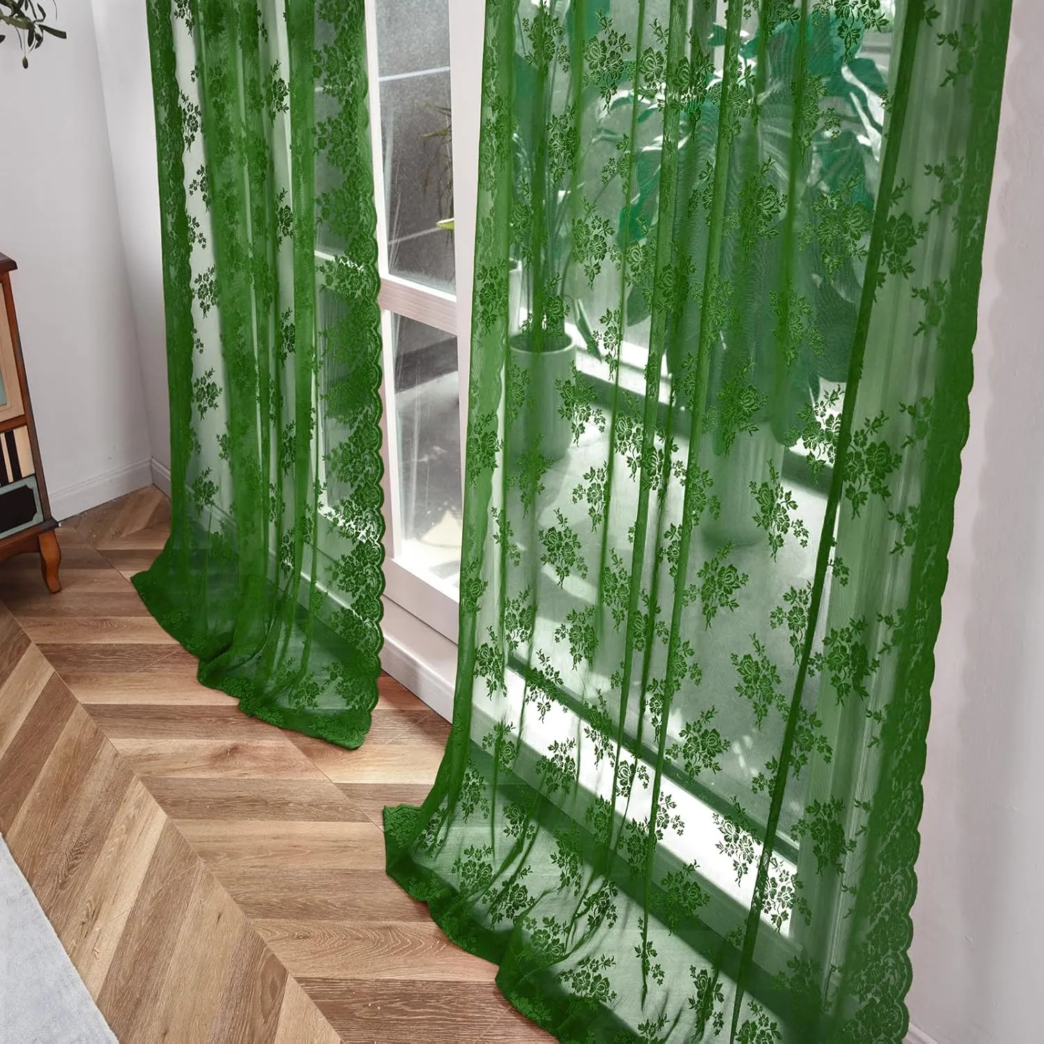 Dark Olive Green Sheer Curtains 84 Inches Long 2 Panels Set Country Rustic Floral Vintage Hunter Green Lace Curtains for Living Room, Rod Pocket Privacy Emberald Green Sheer Drapes, Each 52 x 84 Inch
