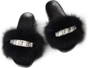 DAYISS Womens Real Fox Fur Slides Flip Flop Fluffy Slippers Fuzzy Sandals Furry Slide for Women