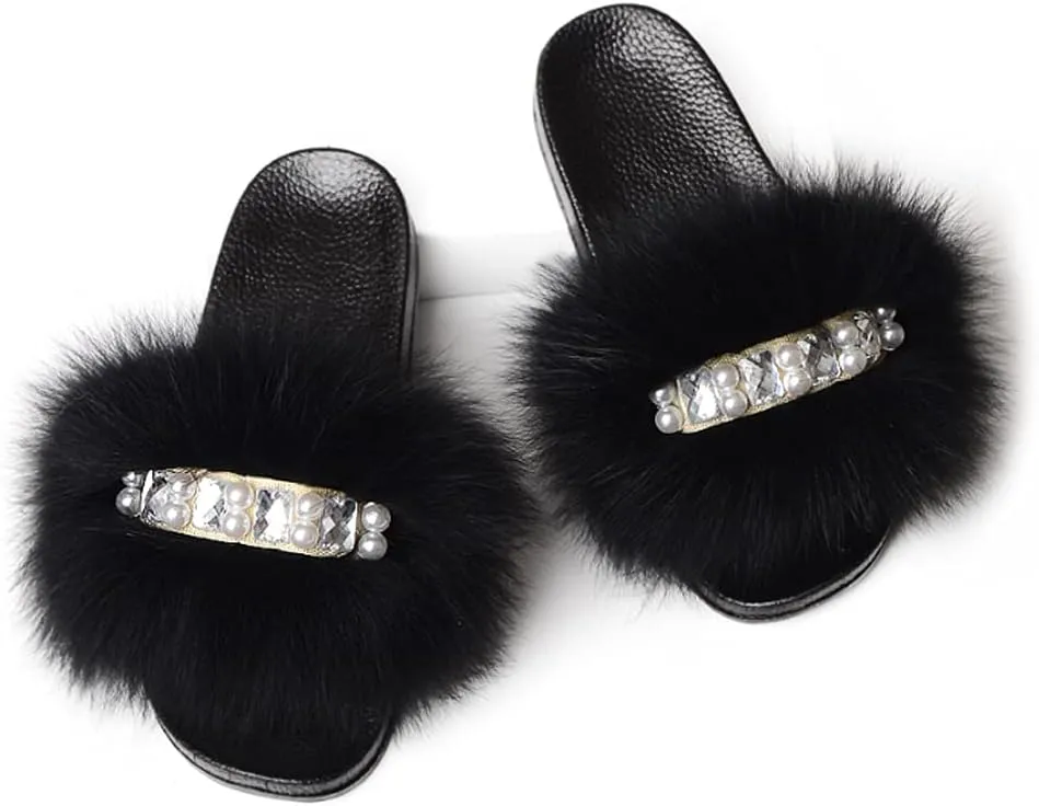 DAYISS Womens Real Fox Fur Slides Flip Flop Fluffy Slippers Fuzzy Sandals Furry Slide for Women