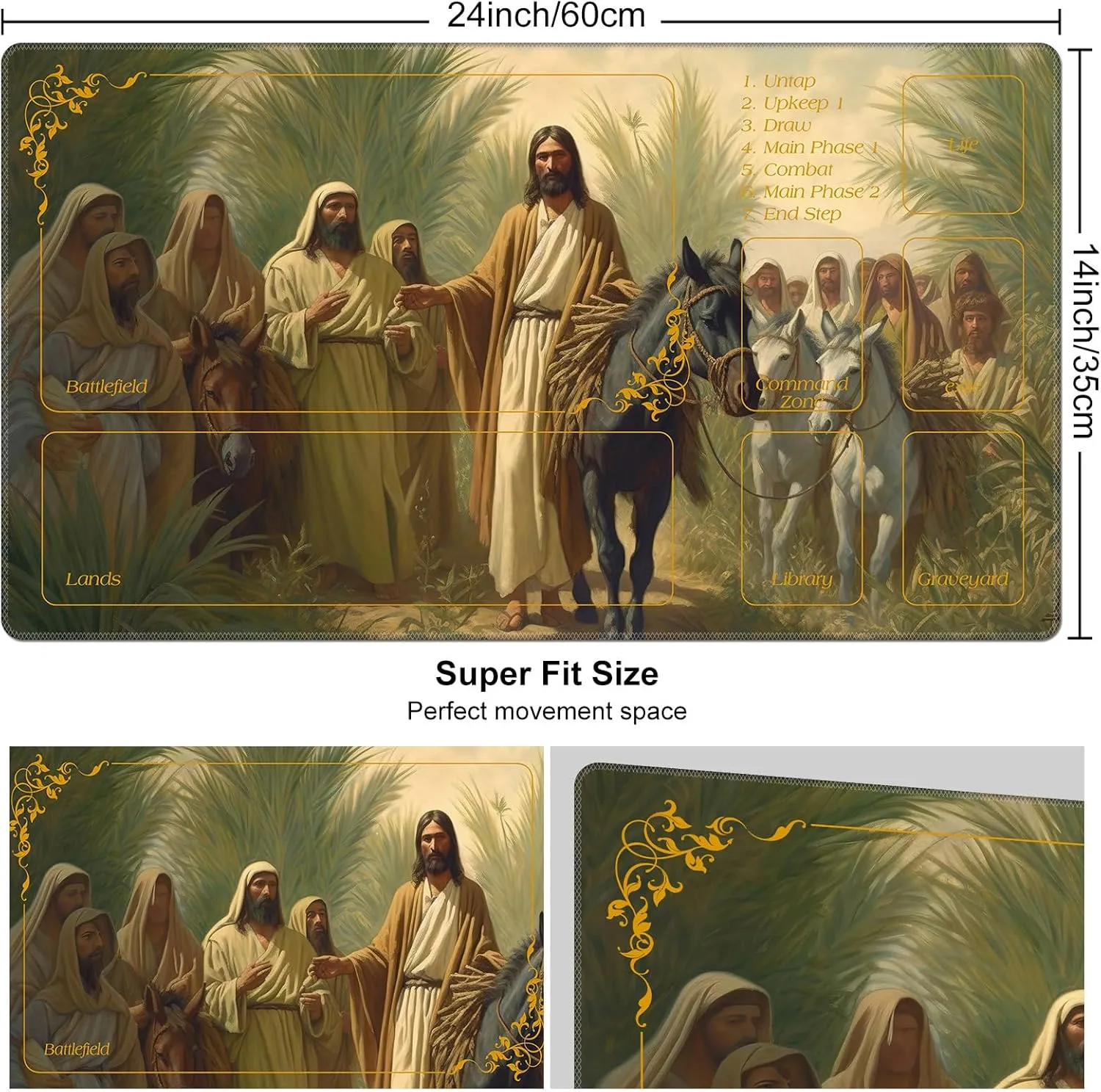 DEGDFSGR for MTG Playmat with Zones 24 x 14 inches for TCG Playmats Non-Slip Rubber Base Commander Play Mat for Magic The Gathering Playmat Iorcana Trading Card Game, Jesus Walks with People Plants