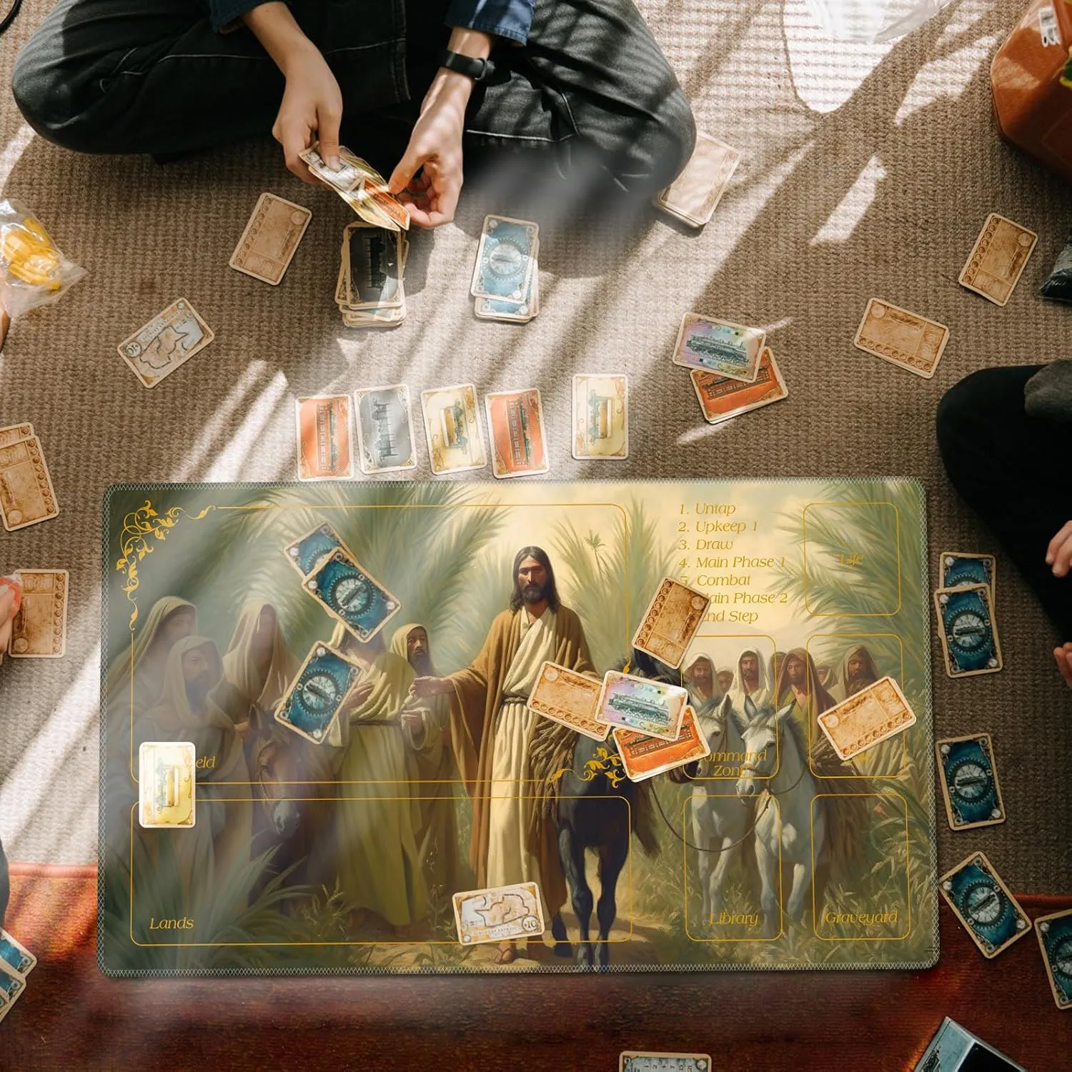DEGDFSGR for MTG Playmat with Zones 24 x 14 inches for TCG Playmats Non-Slip Rubber Base Commander Play Mat for Magic The Gathering Playmat Iorcana Trading Card Game, Jesus Walks with People Plants