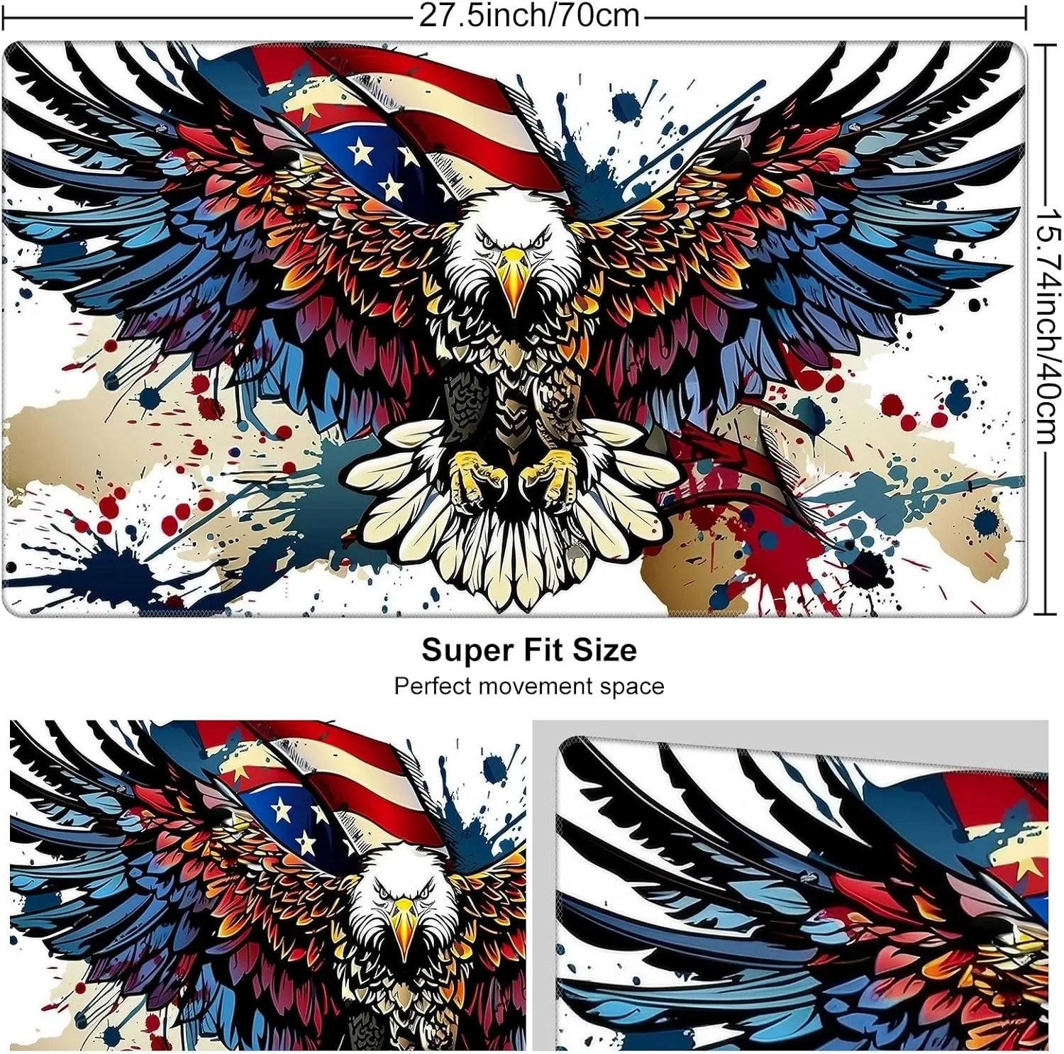 DEGDFSGR MTG/TCG Playmat 27.5" x 15.74" Non-Slip Rubber Base Commander Playmat HD Cover Bald Eagle American Flag
