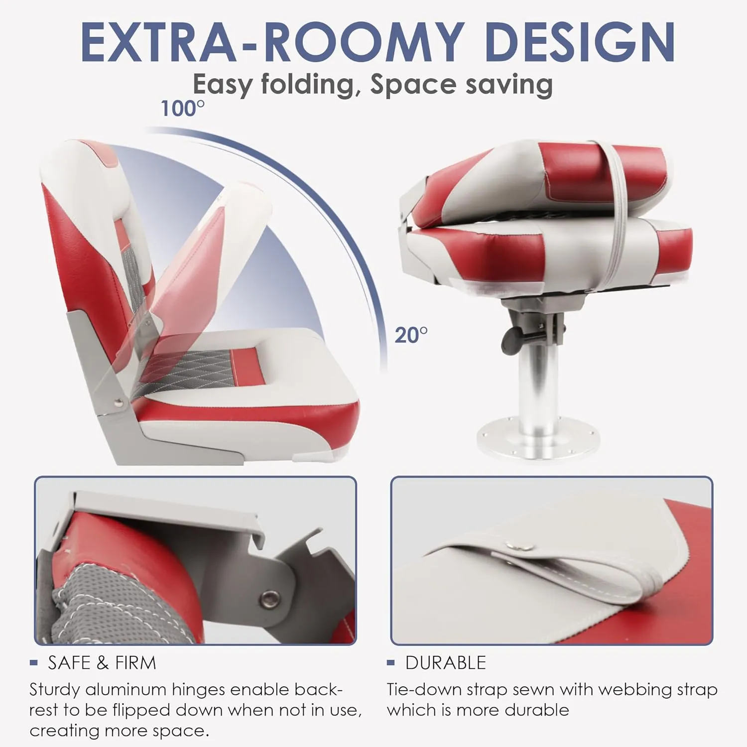 Deluxe Low Back Boat Seat, Fold-Down Fishing Boat Seat Gray/Charcoal/Red (2 Seats)