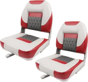 Deluxe Low Back Boat Seat, Fold-Down Fishing Boat Seat Gray/Charcoal/Red (2 Seats)