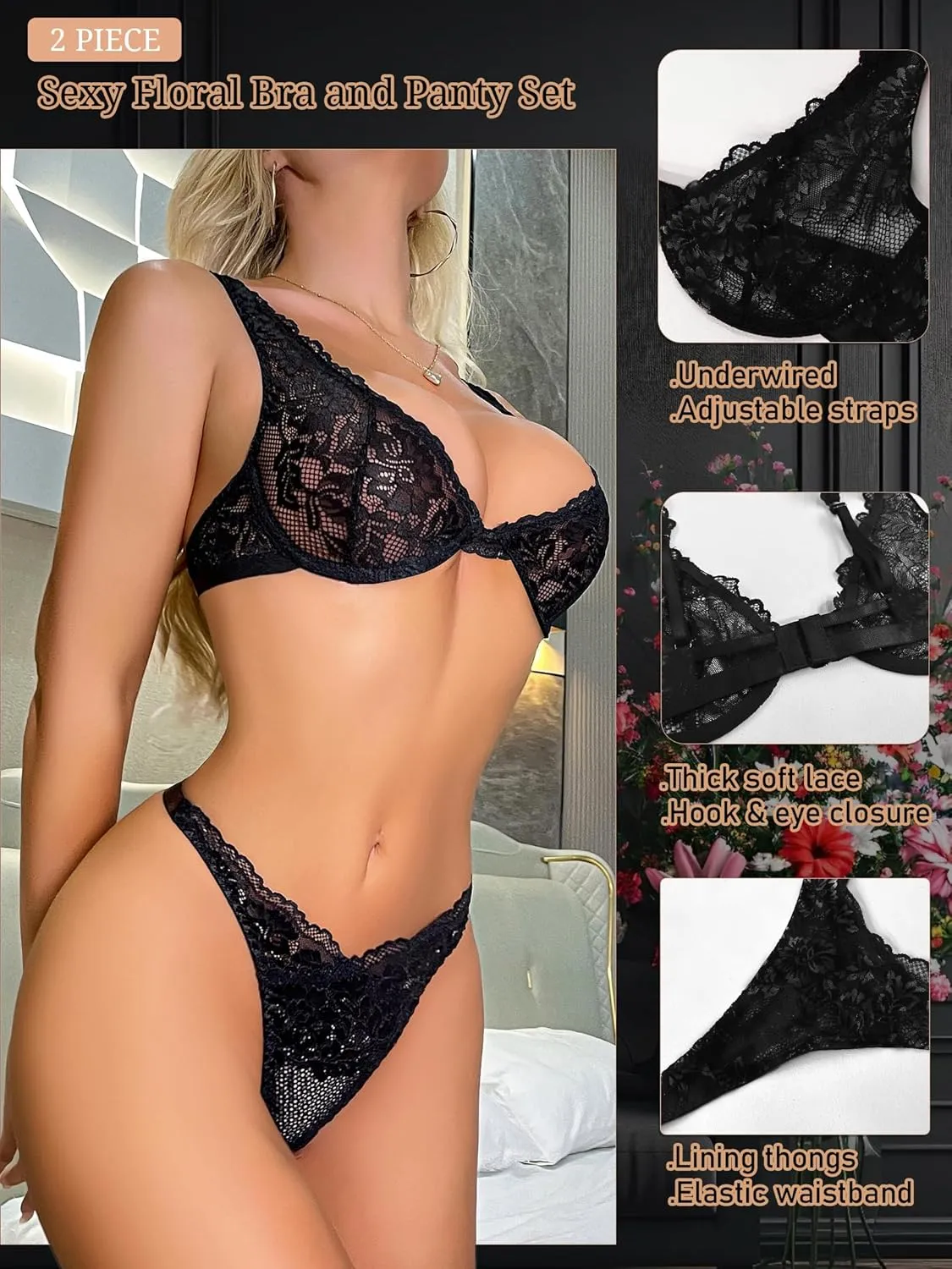 Dlsave Sexy Lingerie for Women Lace V Neck Push Up Lingerie Sets