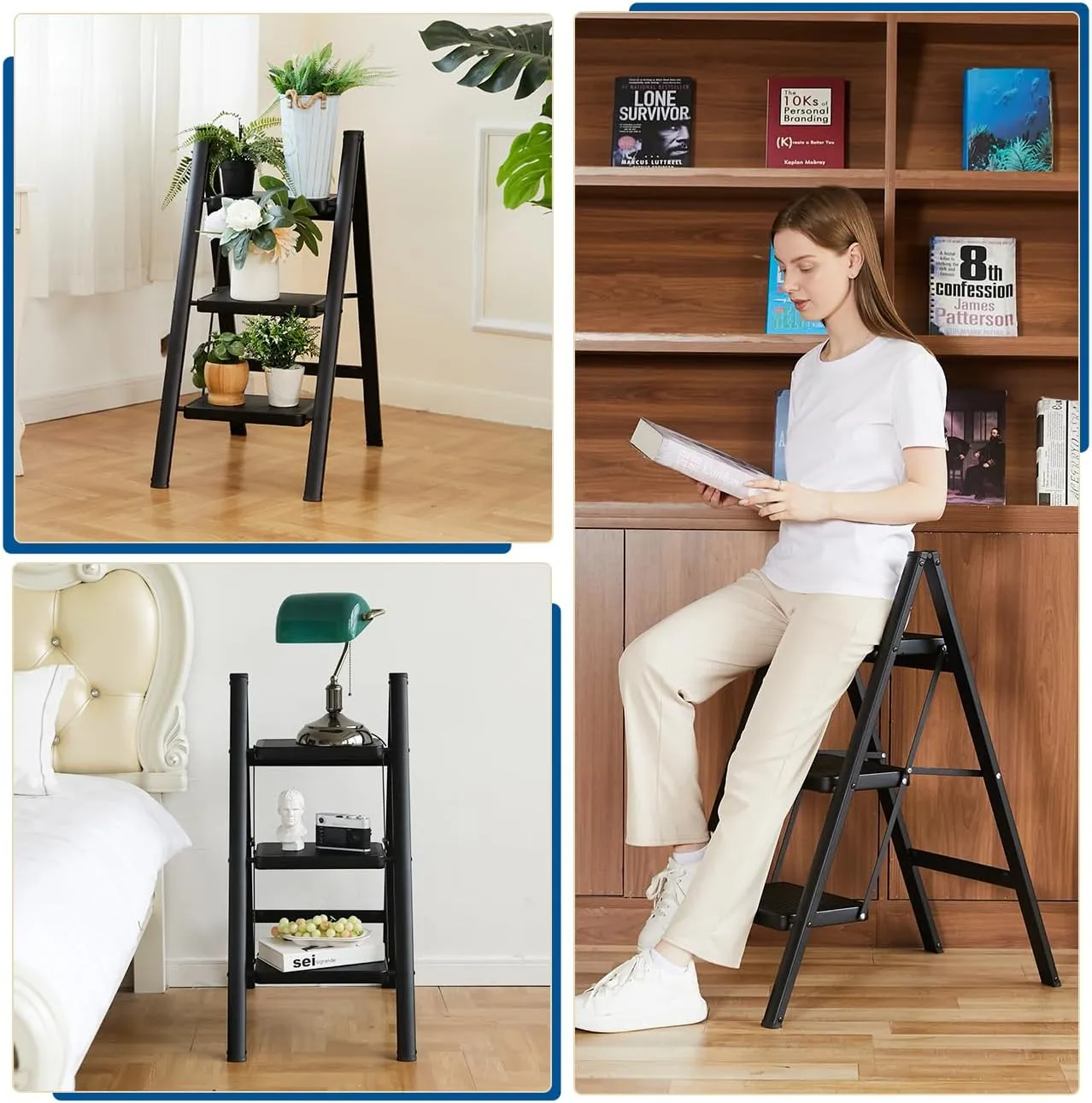 Double Elite Step Ladder 3 Step Folding, Sturdy 330 Lbs Small Step Stool for Adults, Safer Full Steel Multi-use Kitchen Ladder for Home, Closet Step Stool Ladder with Anti-Slip Wide Pedals, Black