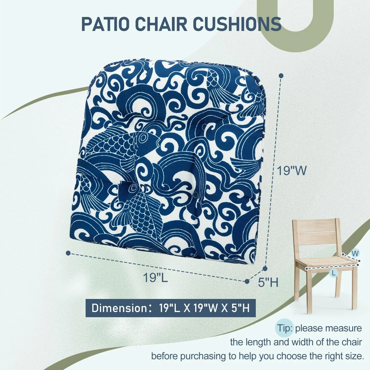downluxe Outdoor Chair Cushions Set of 2 for Patio Furniture, Waterproof Tufted Overstuffed Patio Furniture Cushions, Thick Outdoor Seat Cushion, 19" X 19" X 5", Blue Carp