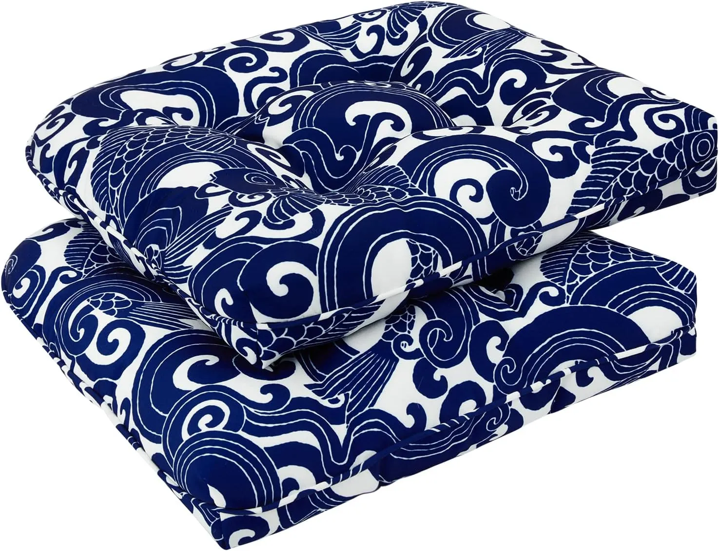 downluxe Outdoor Chair Cushions Set of 2 for Patio Furniture, Waterproof Tufted Overstuffed Patio Furniture Cushions, Thick Outdoor Seat Cushion, 19" X 19" X 5", Blue Carp