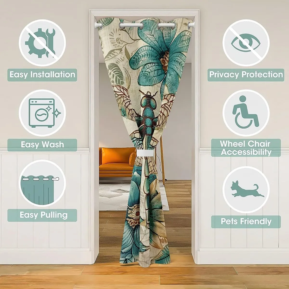 Dragonfly Door Curtain 34" W X 80" L Retro Blooming Teal Flowers Mandala Doorway Curtain Privacy for Kids Teens Adults Wild Creature Exotic Rustic Style Curtain Drape for Bedroom Door Window