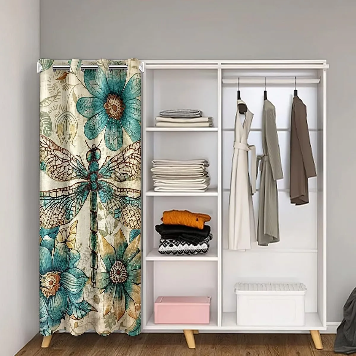 Dragonfly Door Curtain 34" W X 80" L Retro Blooming Teal Flowers Mandala Doorway Curtain Privacy for Kids Teens Adults Wild Creature Exotic Rustic Style Curtain Drape for Bedroom Door Window