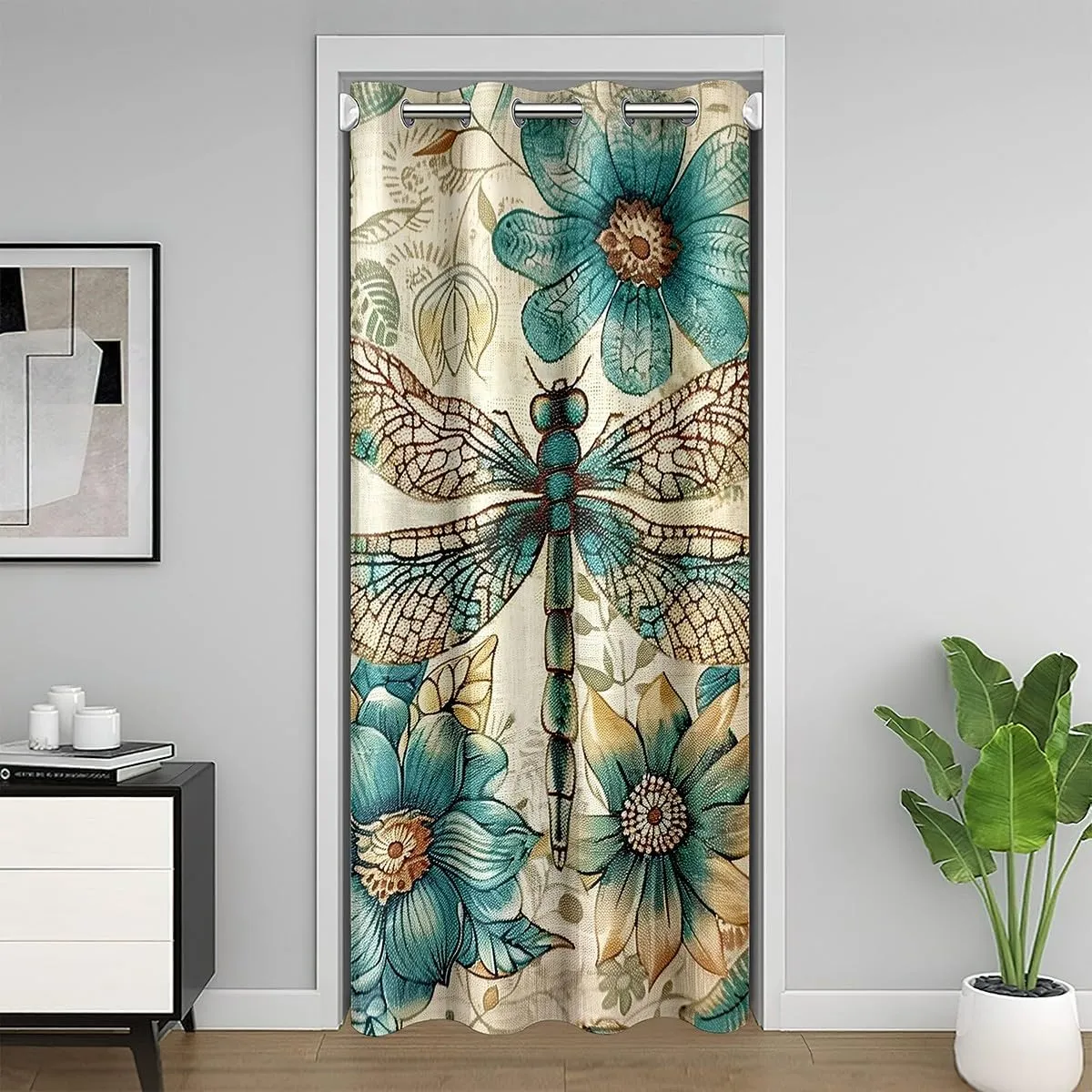 Dragonfly Door Curtain 34" W X 80" L Retro Blooming Teal Flowers Mandala Doorway Curtain Privacy for Kids Teens Adults Wild Creature Exotic Rustic Style Curtain Drape for Bedroom Door Window