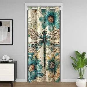 Dragonfly Door Curtain 34" W X 80" L Retro Blooming Teal Flowers Mandala Doorway Curtain Privacy for Kids Teens Adults Wild Creature Exotic Rustic Style Curtain Drape for Bedroom Door Window
