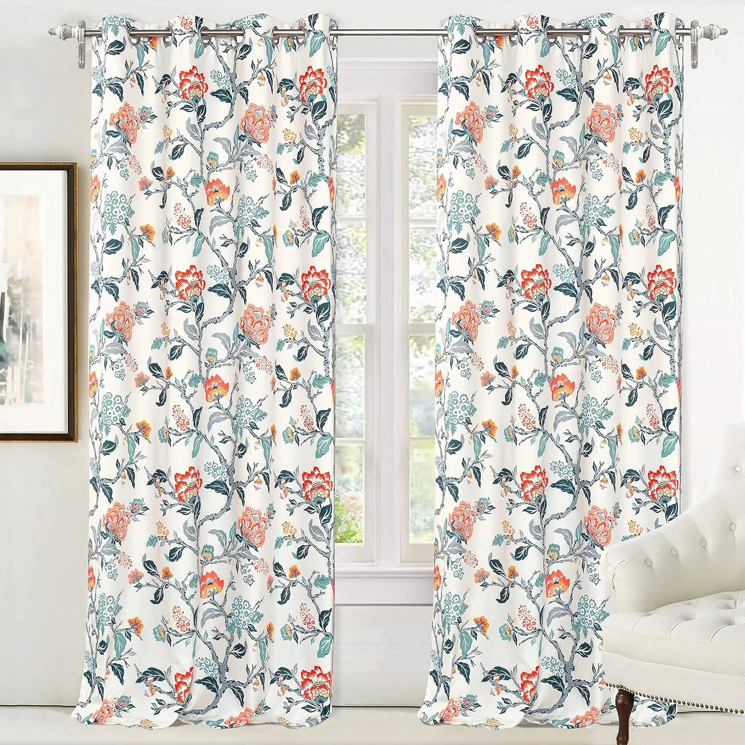 DriftAway Ada Floral Botanical Print Flower Leaf Lined Thermal Insulated Room Darkening Blackout Window Curtains 2 Layers Set of 2 Panels Each 52 Inch by 84 Inch Ivory Orange Teal