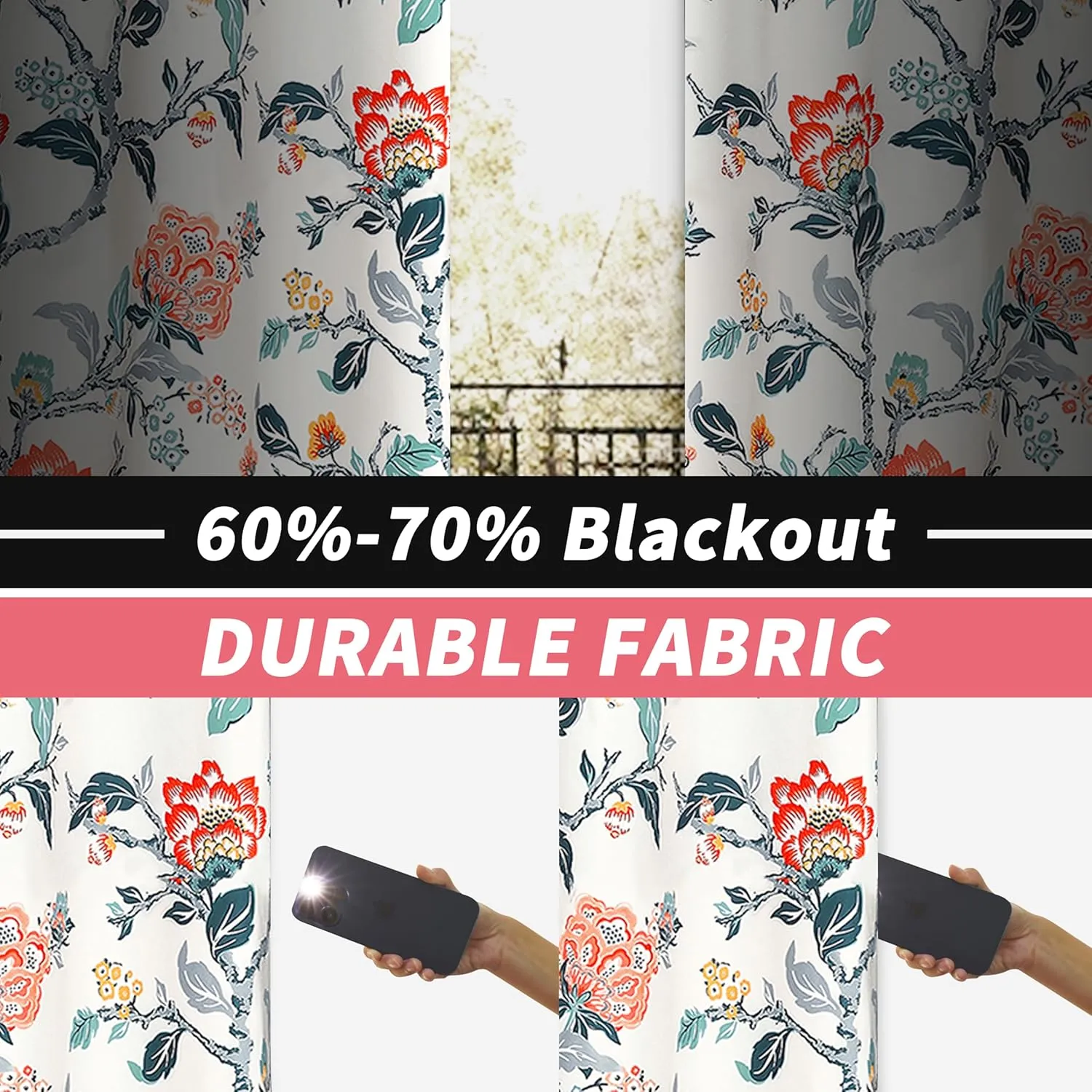 DriftAway Ada Floral Botanical Print Flower Leaf Lined Thermal Insulated Room Darkening Blackout Window Curtains 2 Layers Set of 2 Panels Each 52 Inch by 84 Inch Ivory Orange Teal