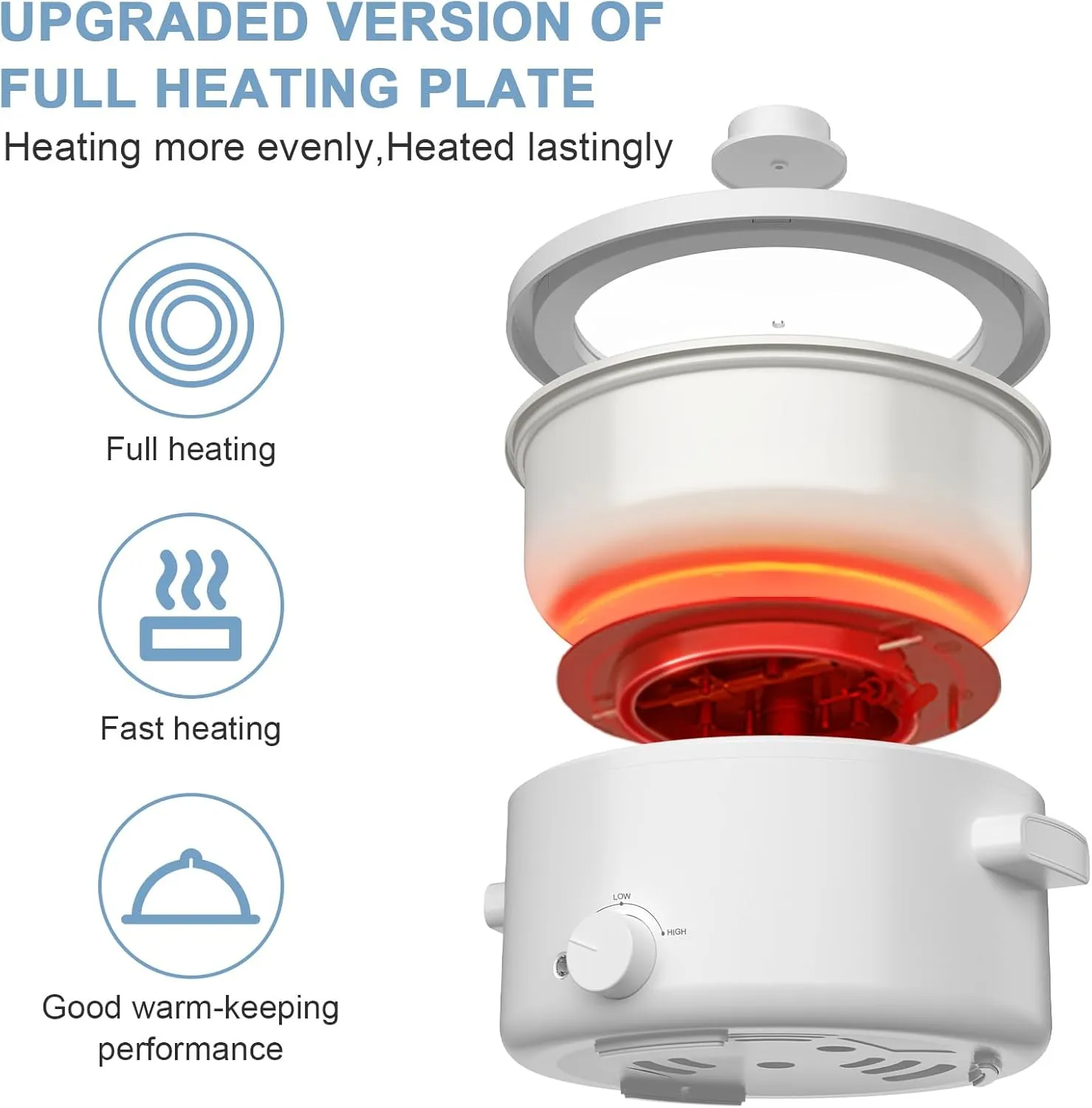 Electric Steamer for Cooking, 2L Ceramic Glaze Non-stick Pot, Dual Power Multi-functional Electric Cooker, Suitable for Steak, Pasta, Hot Pot, Ramen, Quick Heating and Overheat Protection