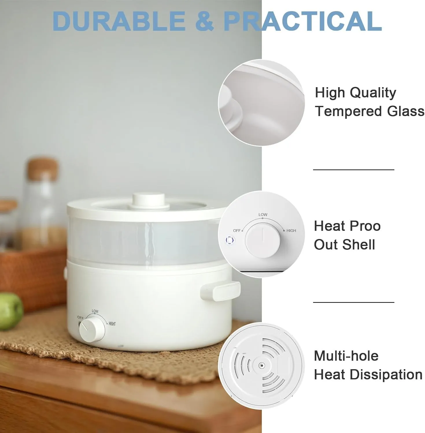 Electric Steamer for Cooking, 2L Ceramic Glaze Non-stick Pot, Dual Power Multi-functional Electric Cooker, Suitable for Steak, Pasta, Hot Pot, Ramen, Quick Heating and Overheat Protection