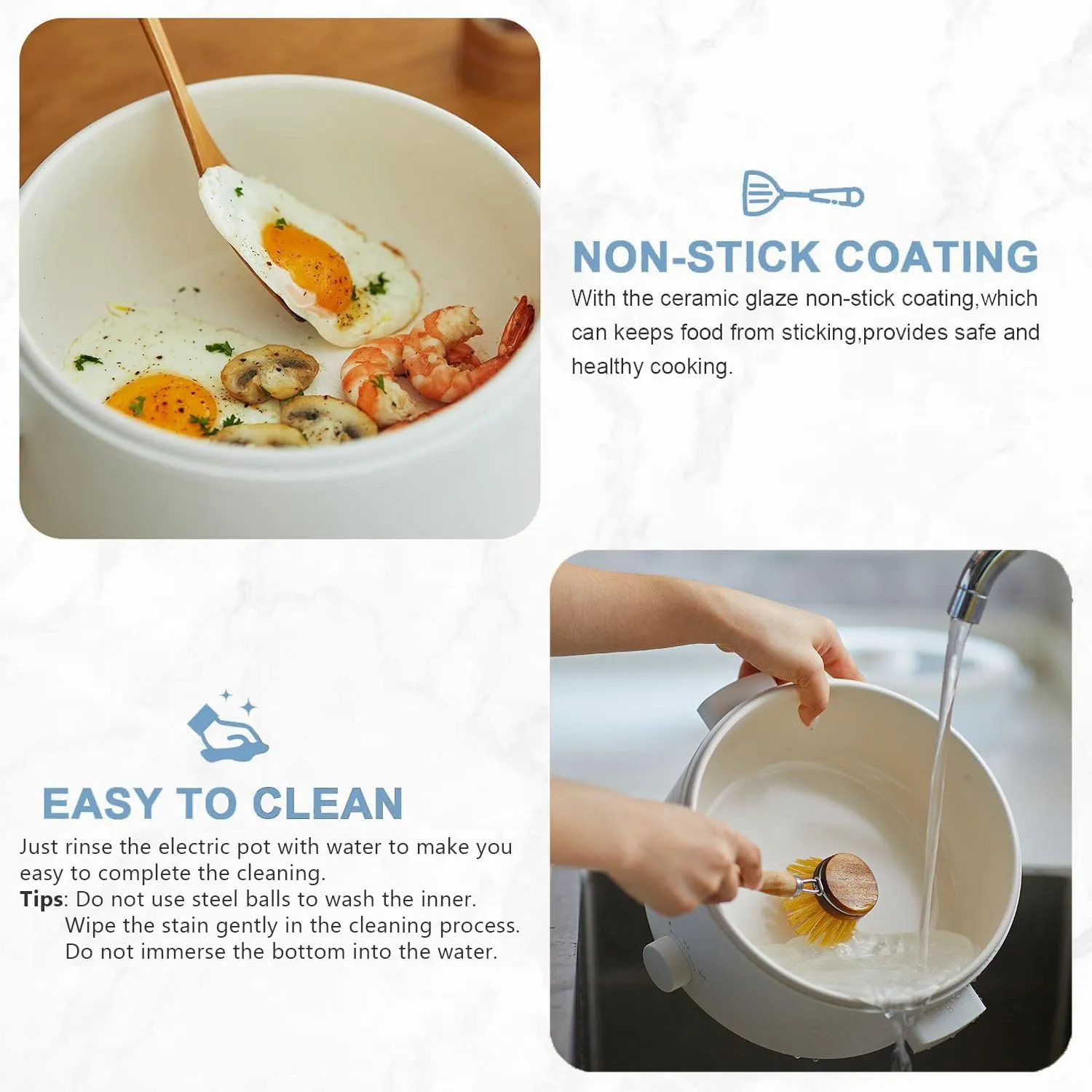 Electric Steamer for Cooking, 2L Ceramic Glaze Non-stick Pot, Dual Power Multi-functional Electric Cooker, Suitable for Steak, Pasta, Hot Pot, Ramen, Quick Heating and Overheat Protection