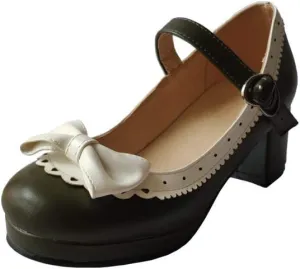 ELFY Women's Cute Lolita Cosplay Shoes Bow Mid Chunky Heel Mary Jane Pumps
