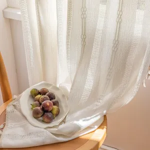 ENJOYBRIDAL Off White Curtains 84 Inch Length 2 Panels Boho Semi Sheer Drapes Cream Embroidered Tassel Rod Pocket Hollow Window Curtain Panels Farmhouse Window Treatment for Bedroom Living Room