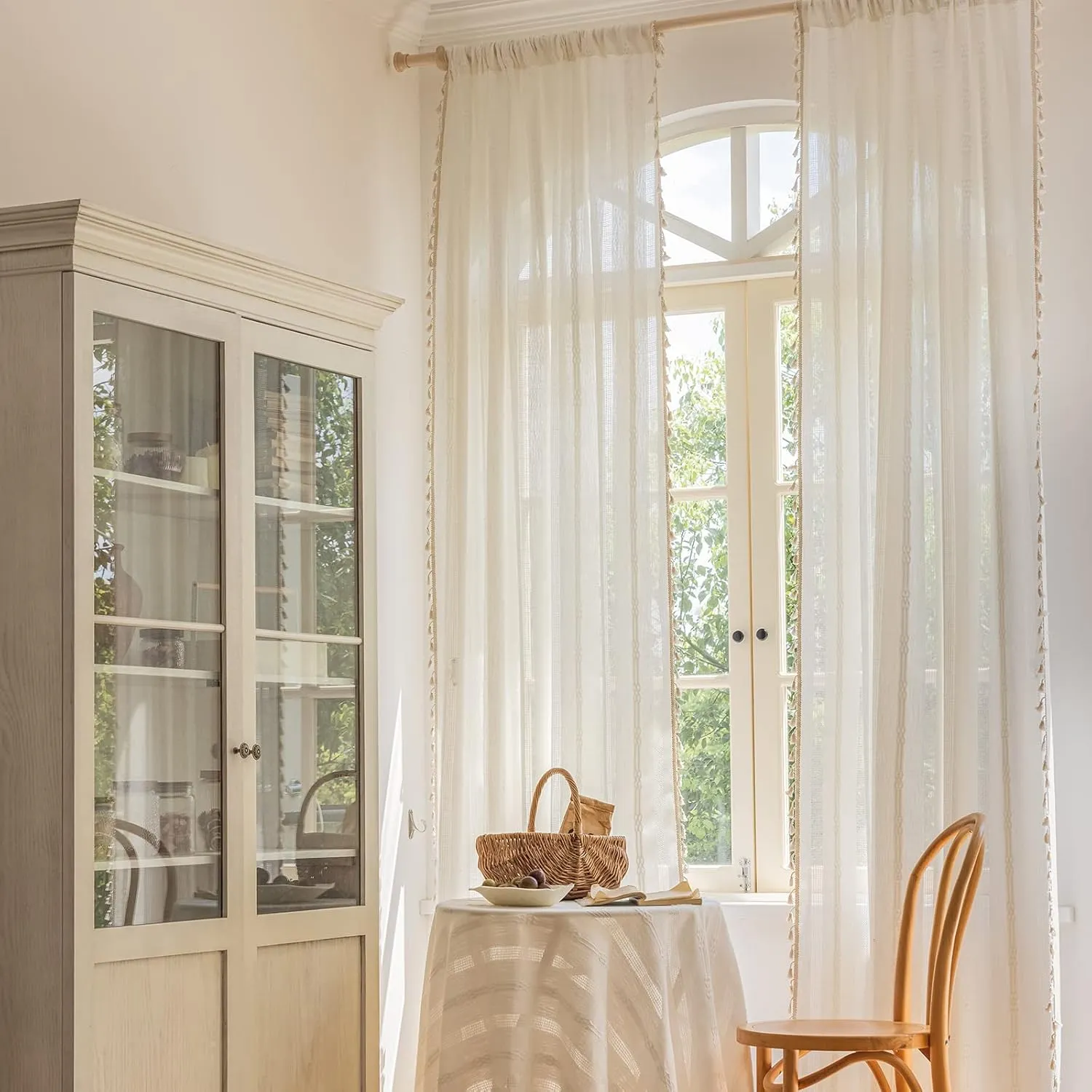 ENJOYBRIDAL Off White Curtains 84 Inch Length 2 Panels Boho Semi Sheer Drapes Cream Embroidered Tassel Rod Pocket Hollow Window Curtain Panels Farmhouse Window Treatment for Bedroom Living Room