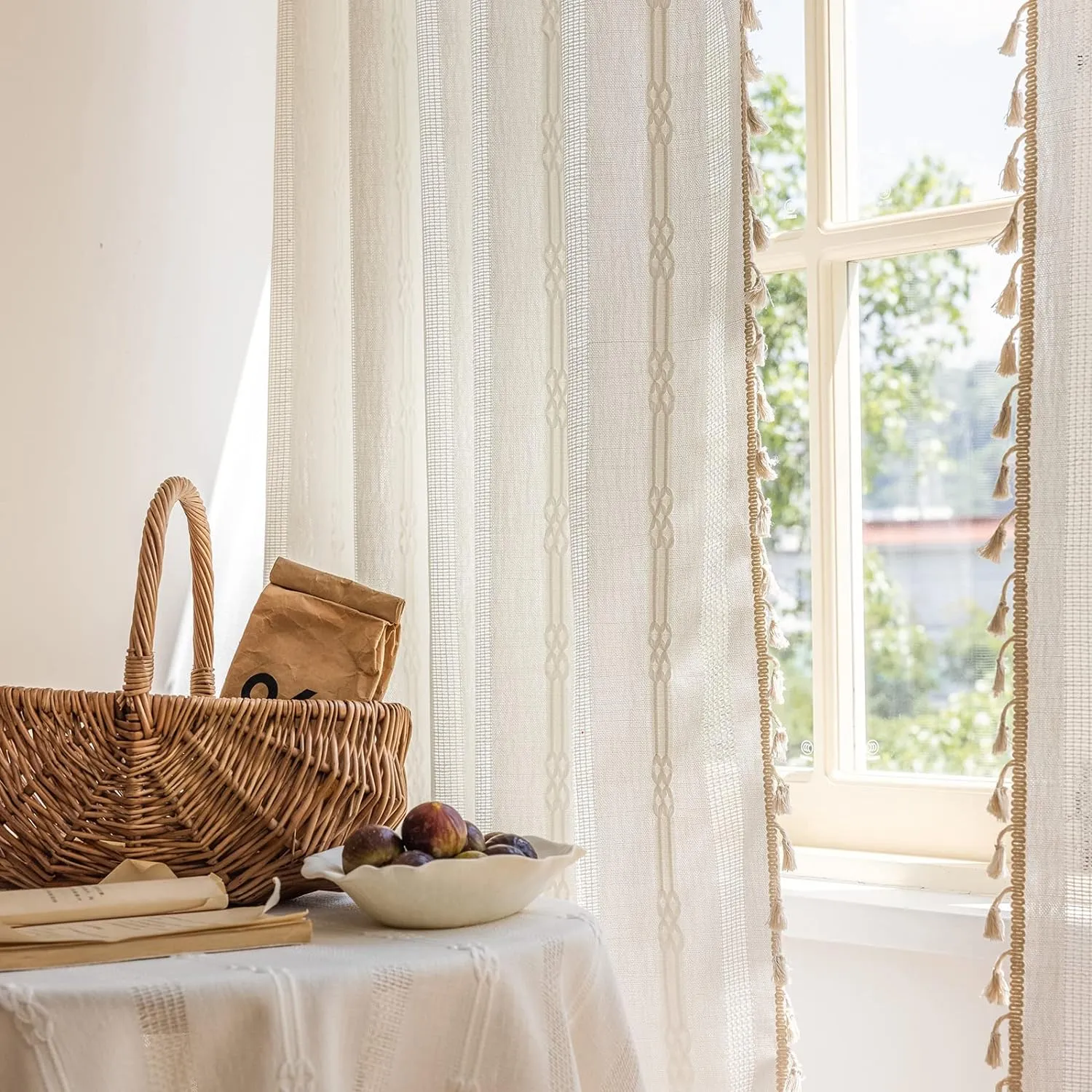 ENJOYBRIDAL Off White Curtains 84 Inch Length 2 Panels Boho Semi Sheer Drapes Cream Embroidered Tassel Rod Pocket Hollow Window Curtain Panels Farmhouse Window Treatment for Bedroom Living Room
