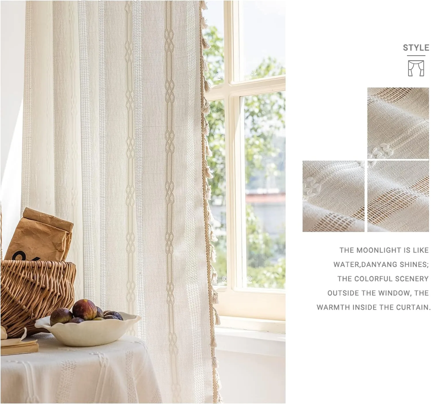 ENJOYBRIDAL Off White Curtains 84 Inch Length 2 Panels Boho Semi Sheer Drapes Cream Embroidered Tassel Rod Pocket Hollow Window Curtain Panels Farmhouse Window Treatment for Bedroom Living Room