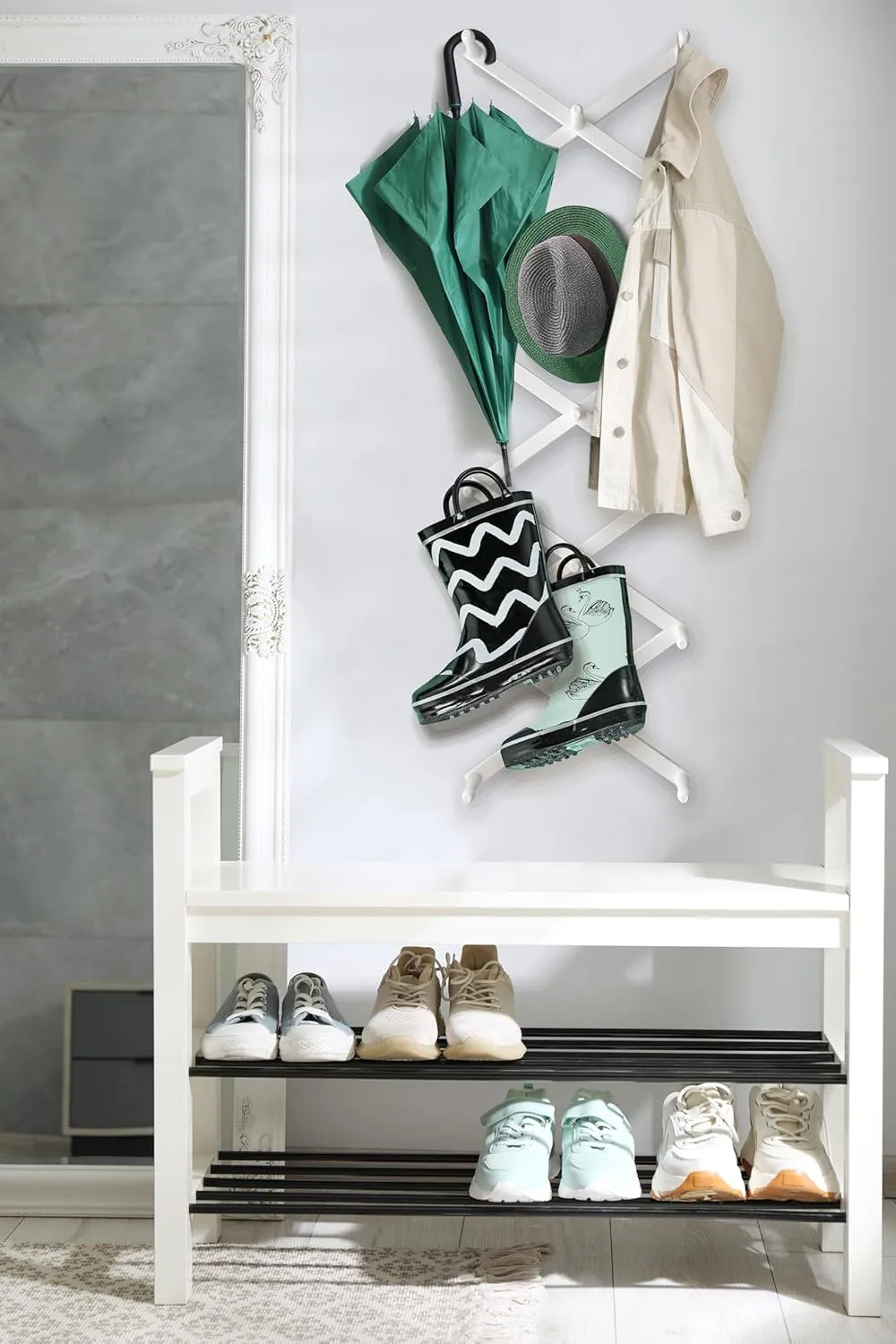 Expandable Wooden Coat Rack Hanger - Large Accordion Hanger with Expanding Pegs | Hand Made Modern Wooden Hat Rack for Wall | Hang Coat, Jacket, Hat | Wall Rack – 17 Hook, Chalk White