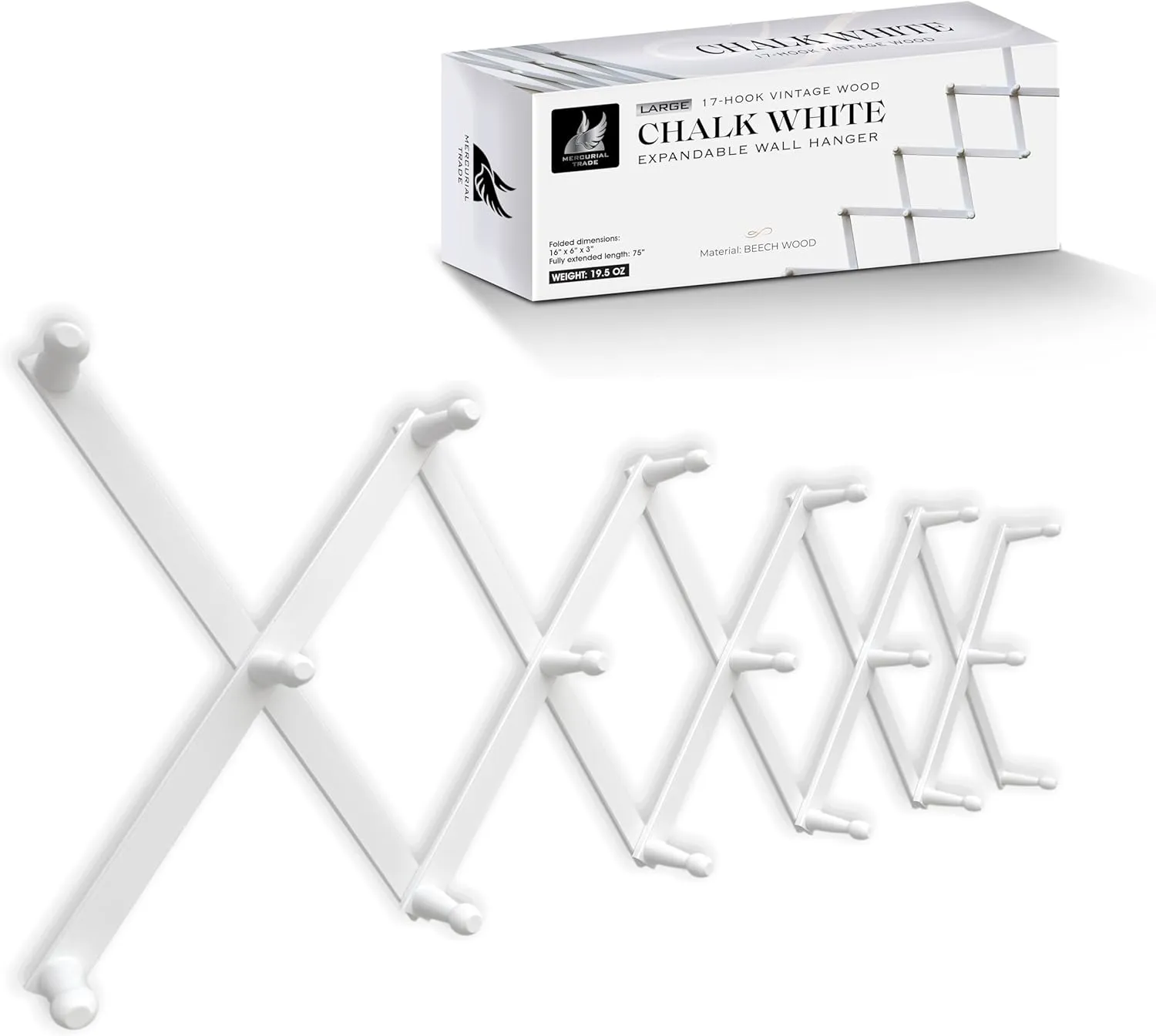 Expandable Wooden Coat Rack Hanger - Large Accordion Hanger with Expanding Pegs | Hand Made Modern Wooden Hat Rack for Wall | Hang Coat, Jacket, Hat | Wall Rack – 17 Hook, Chalk White