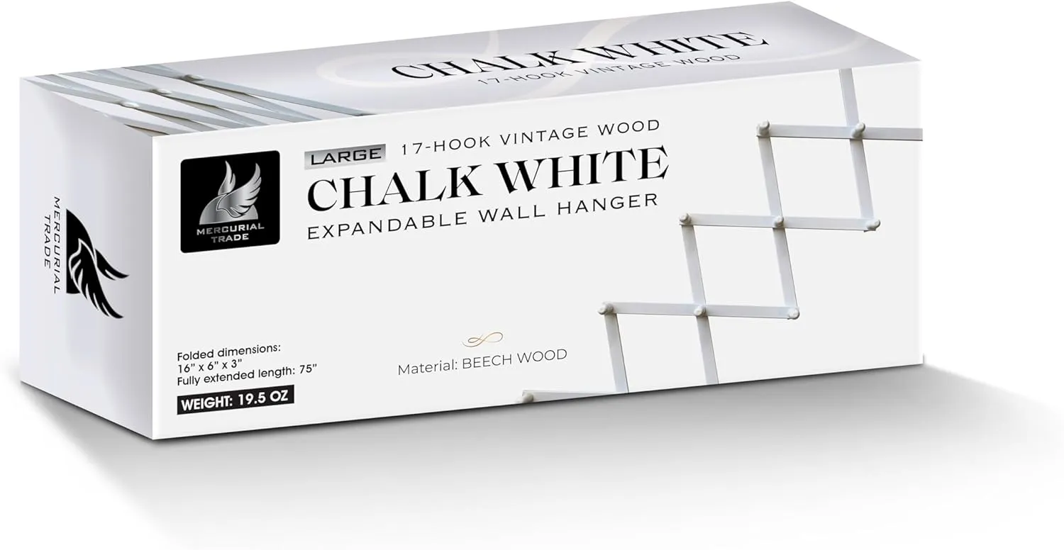 Expandable Wooden Coat Rack Hanger - Large Accordion Hanger with Expanding Pegs | Hand Made Modern Wooden Hat Rack for Wall | Hang Coat, Jacket, Hat | Wall Rack – 17 Hook, Chalk White